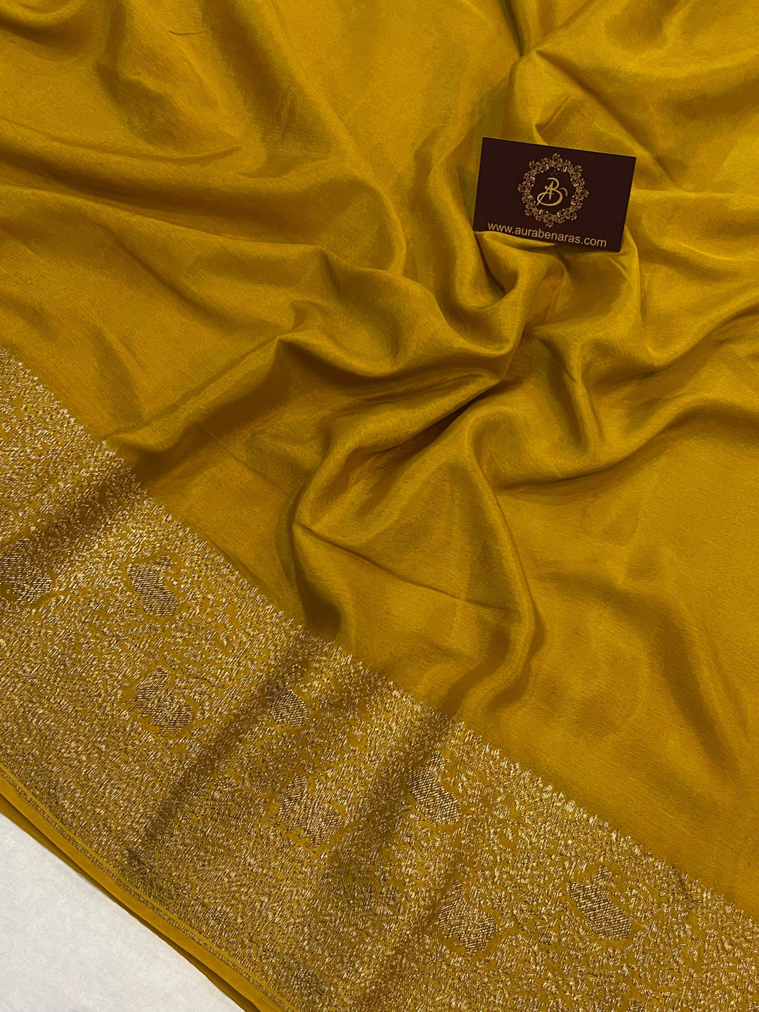Mustard Yellow Pure Banarasi Khaddi Crepe Silk Saree - Aura Benaras