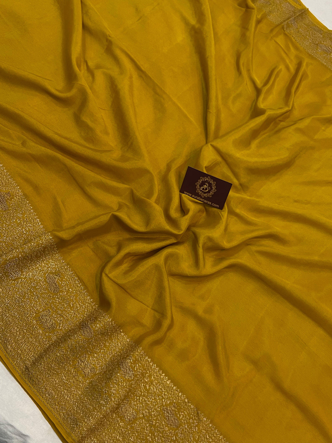 Mustard Yellow Pure Banarasi Khaddi Crepe Silk Saree - Aura Benaras