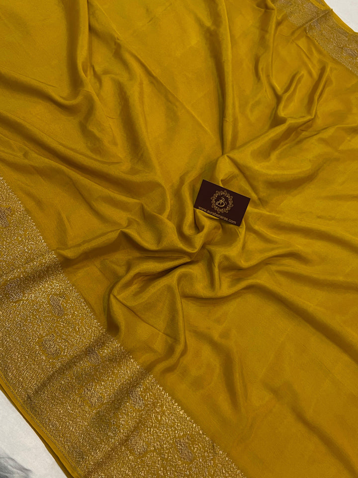 Mustard Yellow Pure Banarasi Khaddi Crepe Silk Saree - Aura Benaras