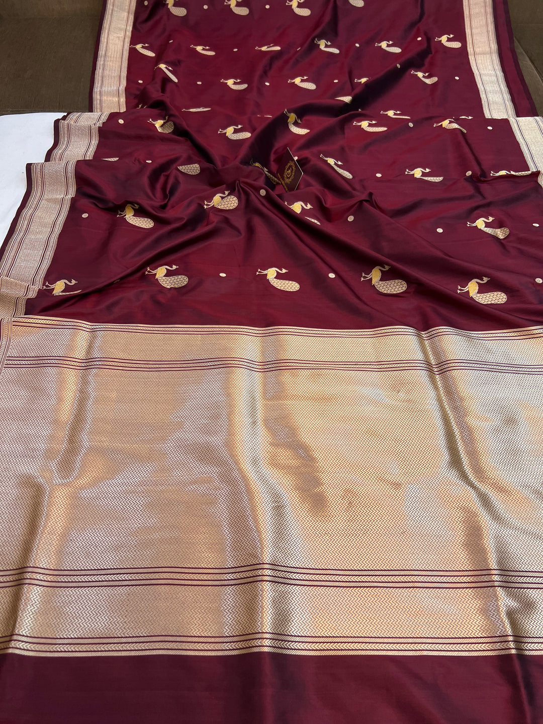 Deep Maroon Katan Silk Saree with Kadhwa Peacock Motifs