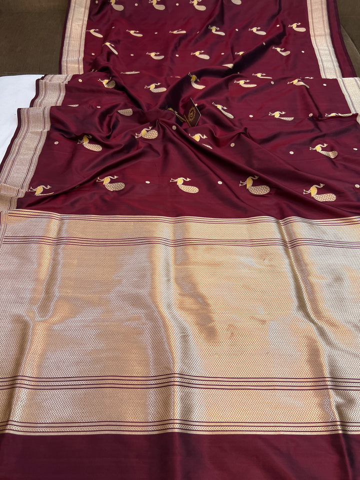 Deep Maroon Katan Silk Saree with Kadhwa Peacock Motifs