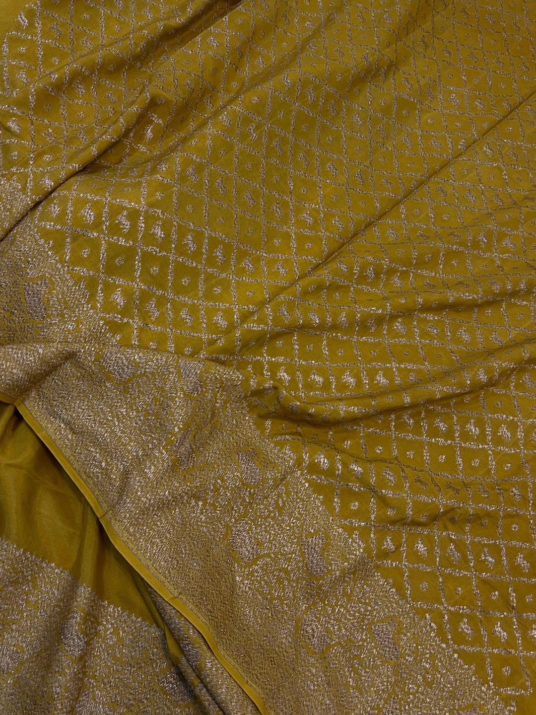 Mustard Yellow Pure Banarasi Khaddi Crepe Silk Saree - Aura Benaras