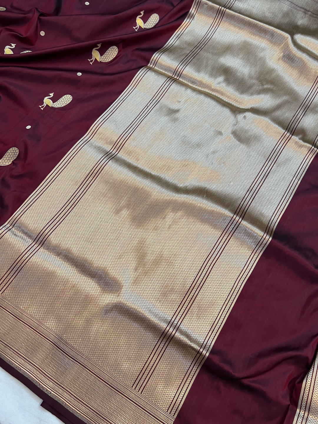 Deep Maroon Katan Silk Saree with Kadhwa Peacock Motifs