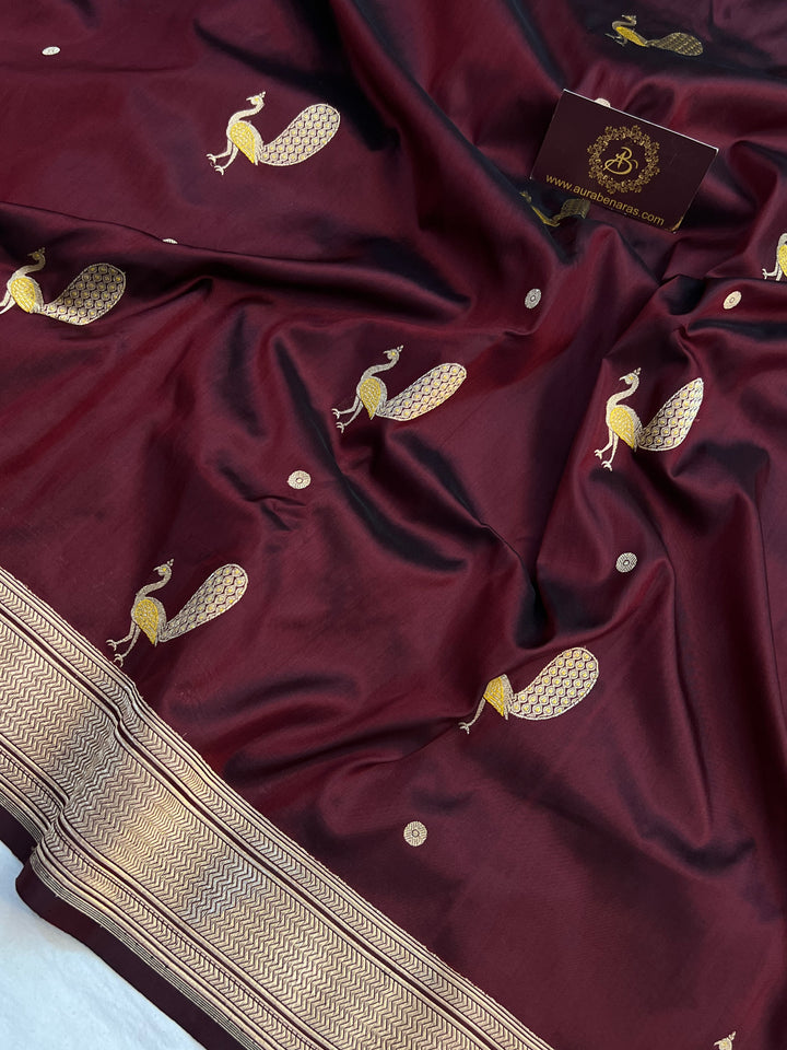 Deep Maroon Katan Silk Saree with Kadhwa Peacock Motifs