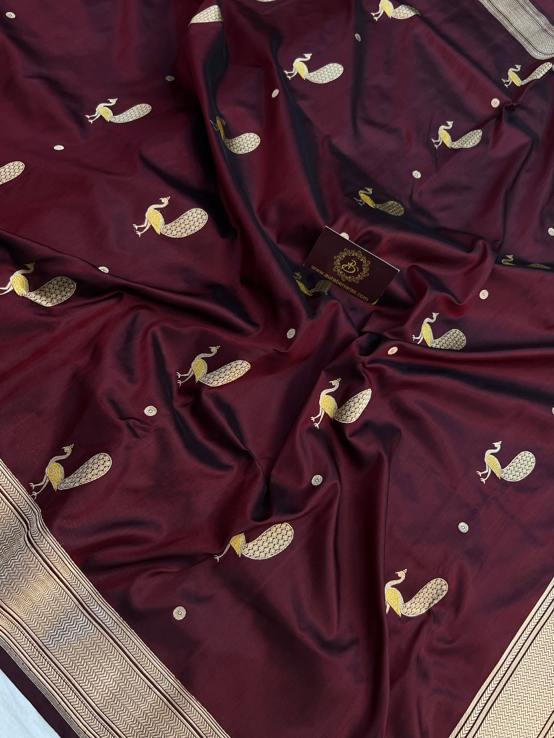 Deep Maroon Katan Silk Saree with Kadhwa Peacock Motifs