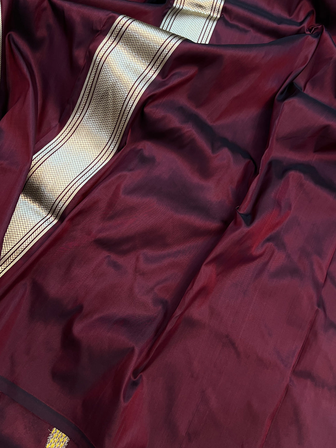 Deep Maroon Katan Silk Saree with Kadhwa Peacock Motifs