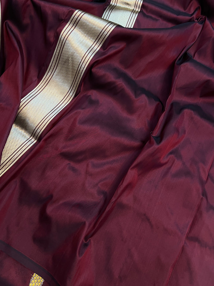Deep Maroon Katan Silk Saree with Kadhwa Peacock Motifs