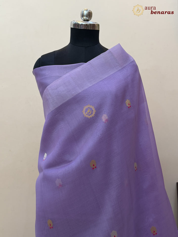 Lavender Banarasi Handloom Kora Silk Saree - Aura Benaras
