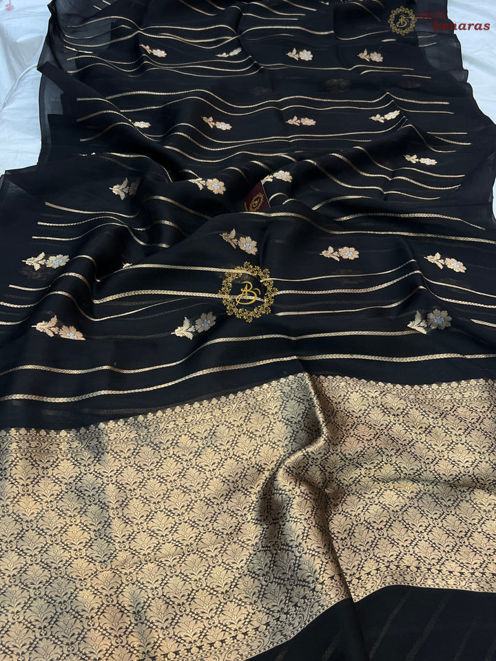 Black Pure Banarasi Handloom Kora Silk Saree