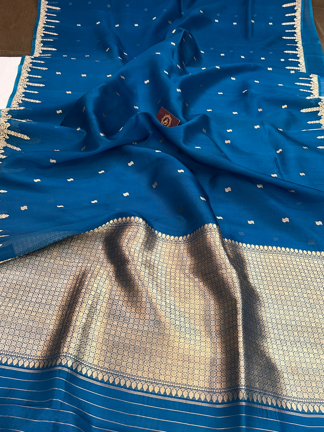 Rama Blue Pure Kora Silk Banarasi Saree with Kadhwa Butis 