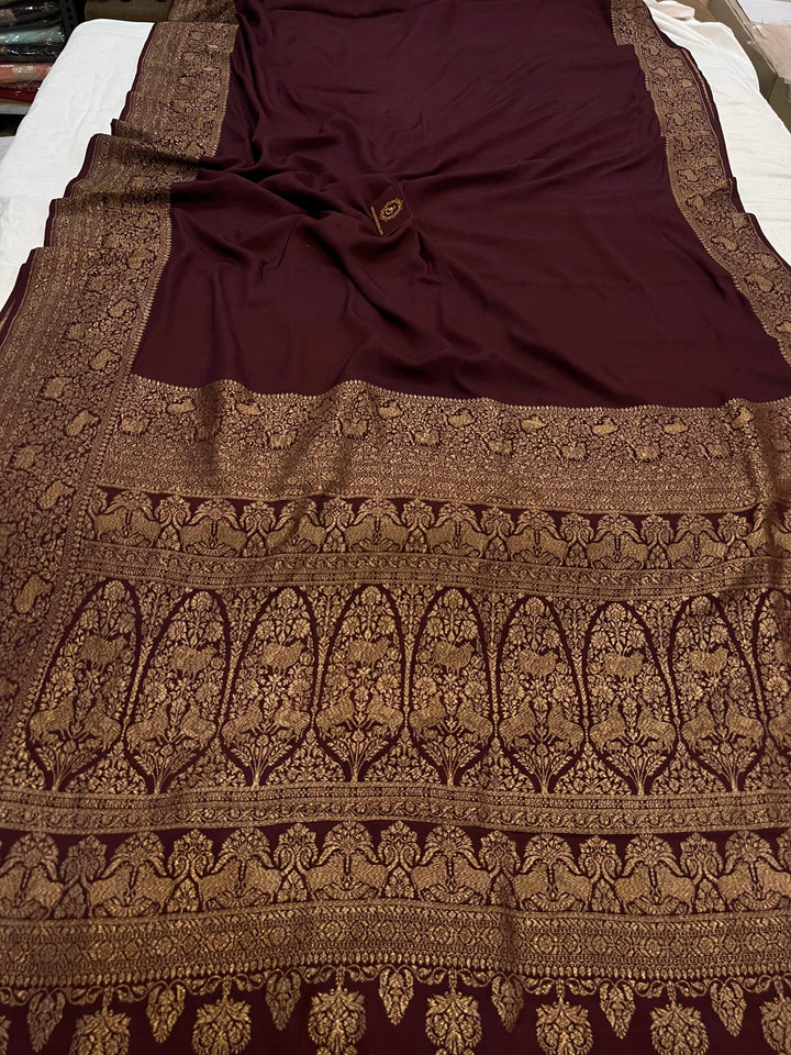 Coffee Brown Pure Banarasi Khaddi Crepe Silk Saree - Aura Benaras