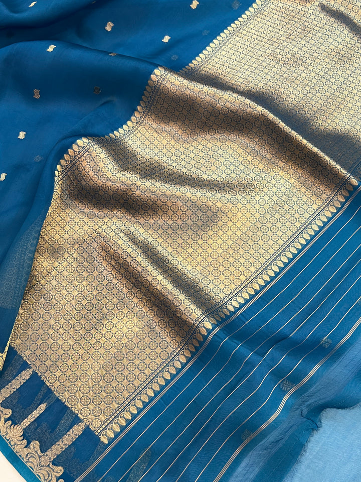 Rama Blue Pure Kora Silk Banarasi Saree with Kadhwa Butis 