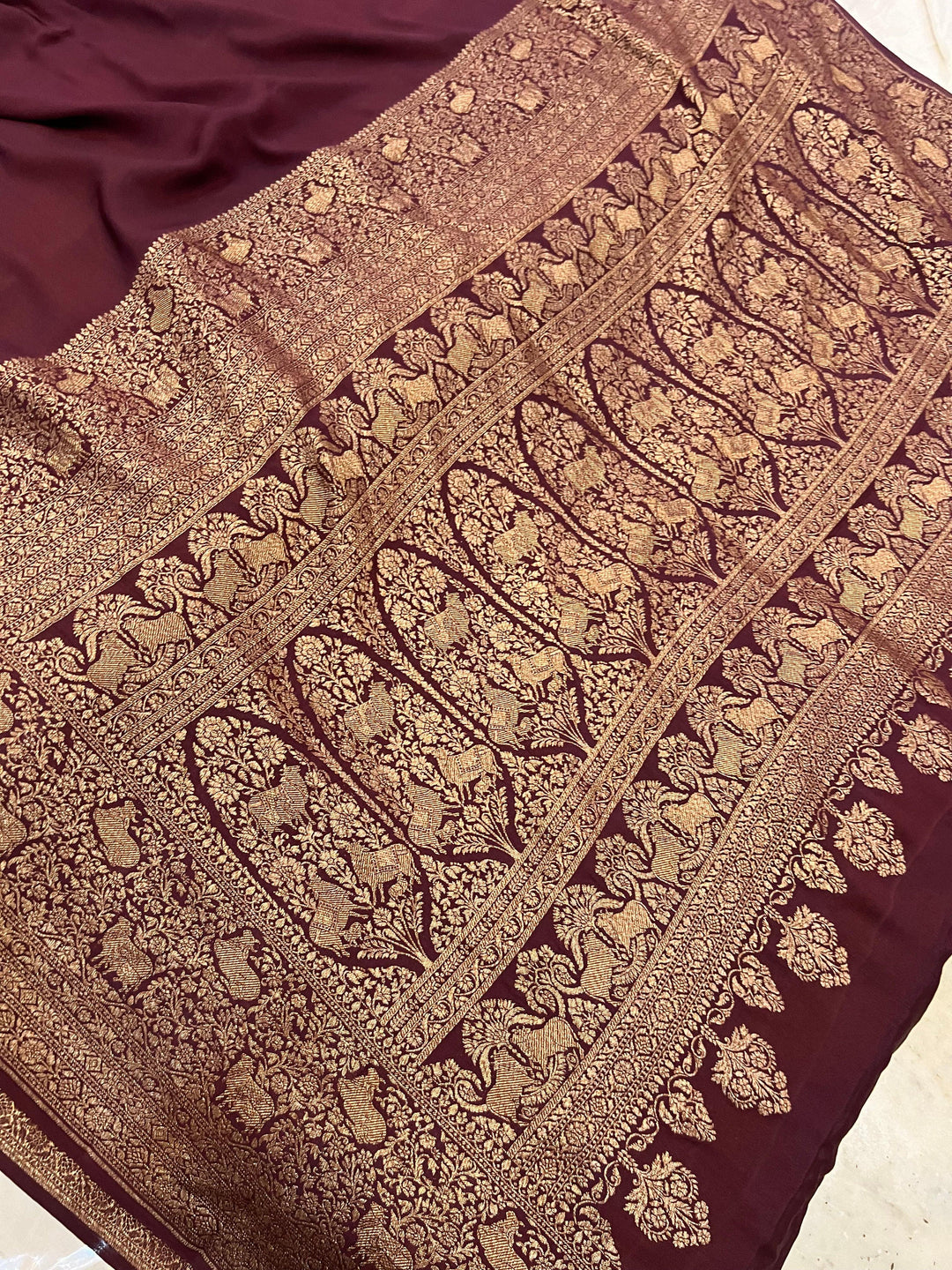 Coffee Brown Pure Banarasi Khaddi Crepe Silk Saree - Aura Benaras