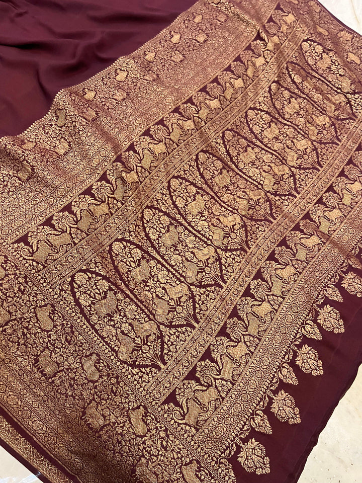 Coffee Brown Pure Banarasi Khaddi Crepe Silk Saree - Aura Benaras