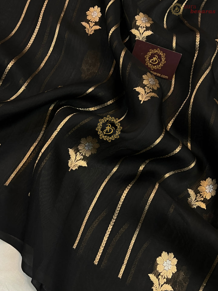 Black Pure Banarasi Handloom Kora Silk Saree
