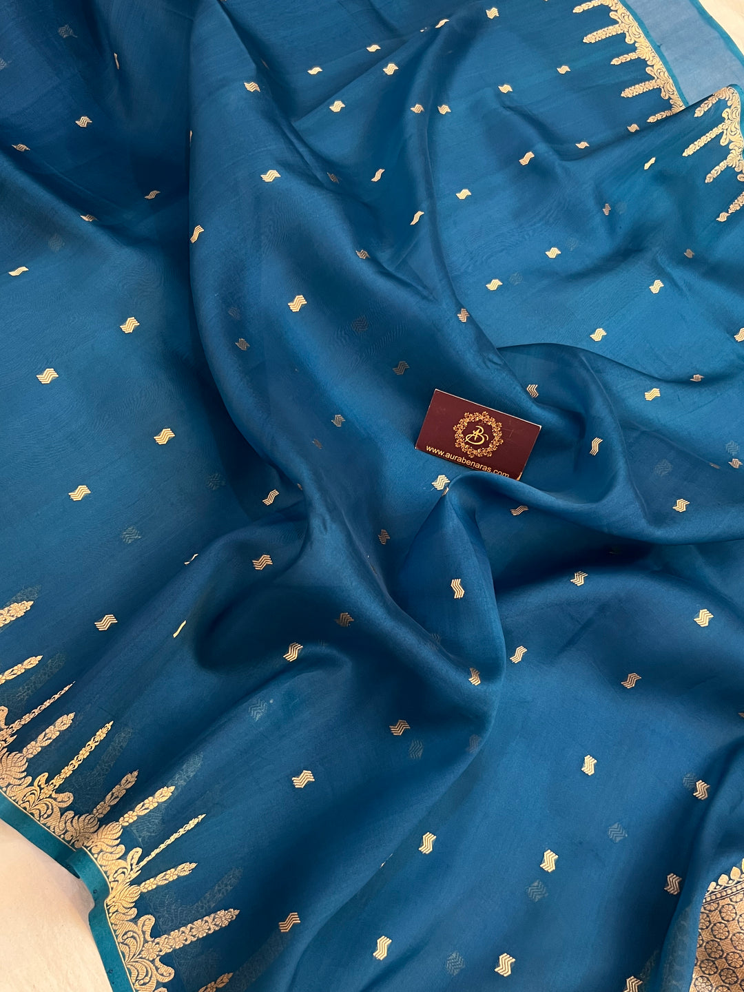 Rama Blue Pure Kora Silk Banarasi Saree with Kadhwa Butis 