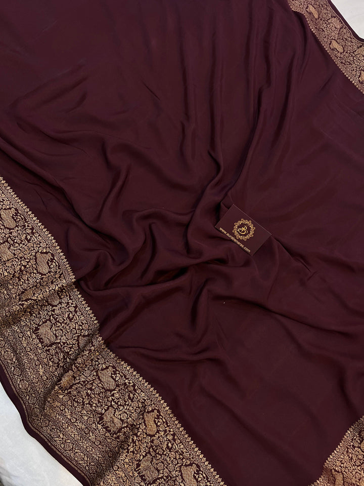 Coffee Brown Pure Banarasi Khaddi Crepe Silk Saree - Aura Benaras