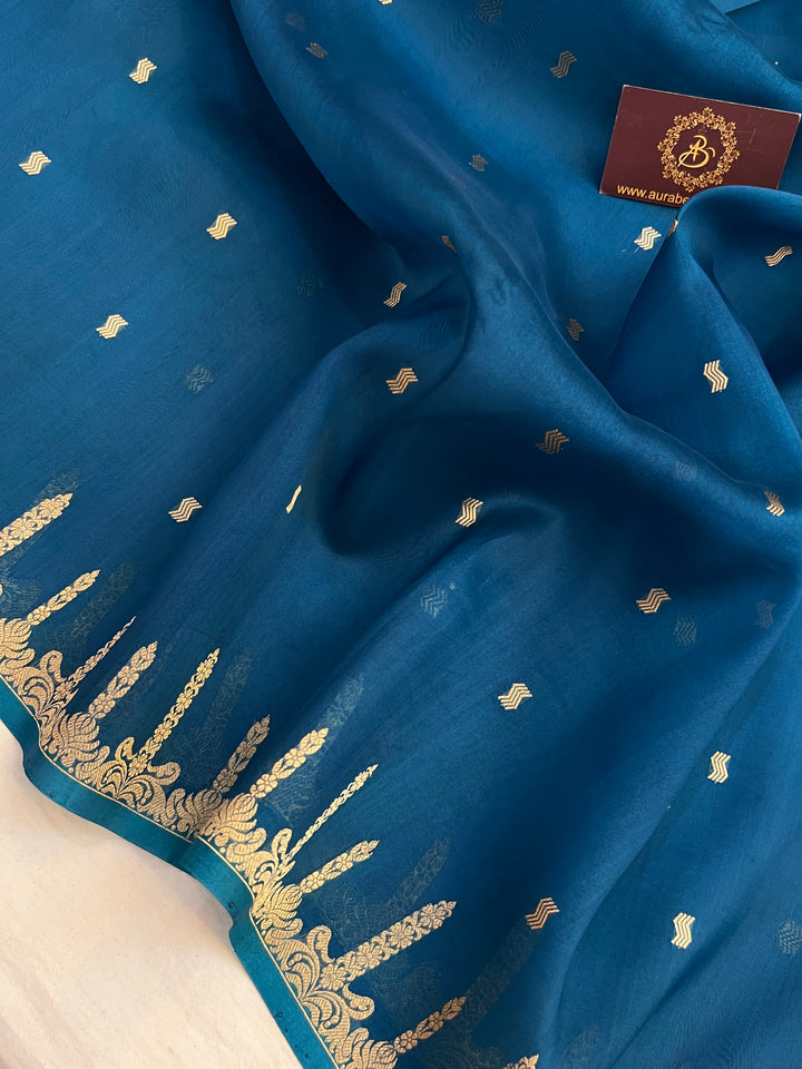 Rama Blue Pure Kora Silk Banarasi Saree with Kadhwa Butis 