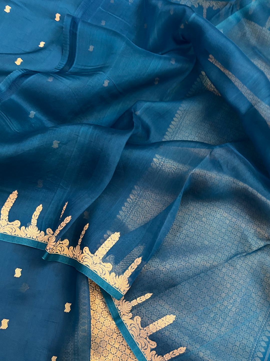 Rama Blue Pure Kora Silk Banarasi Saree with Kadhwa Butis 
