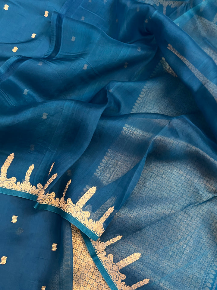 Rama Blue Pure Kora Silk Banarasi Saree with Kadhwa Butis 