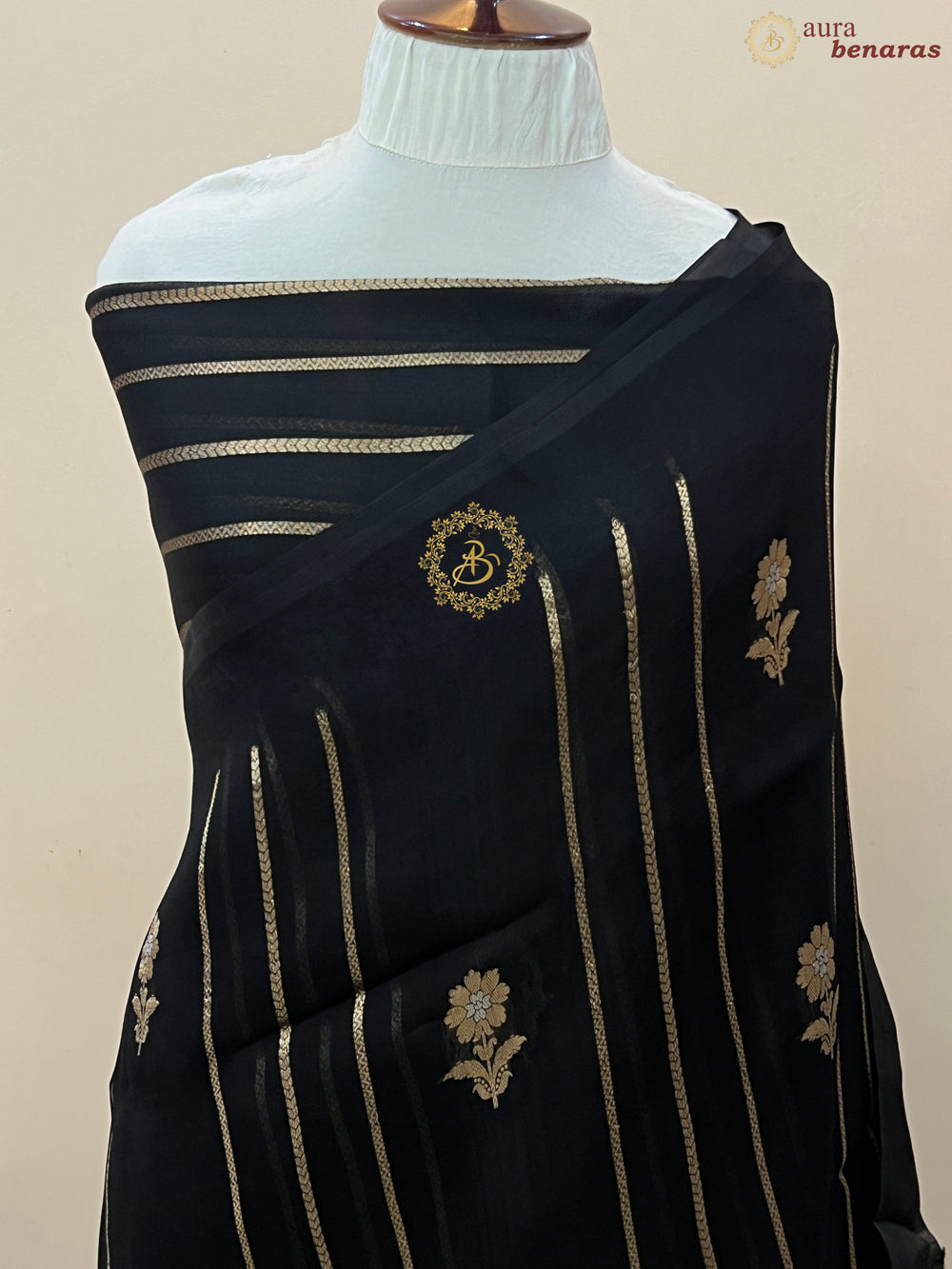 Black Pure Banarasi Handloom Kora Silk Saree