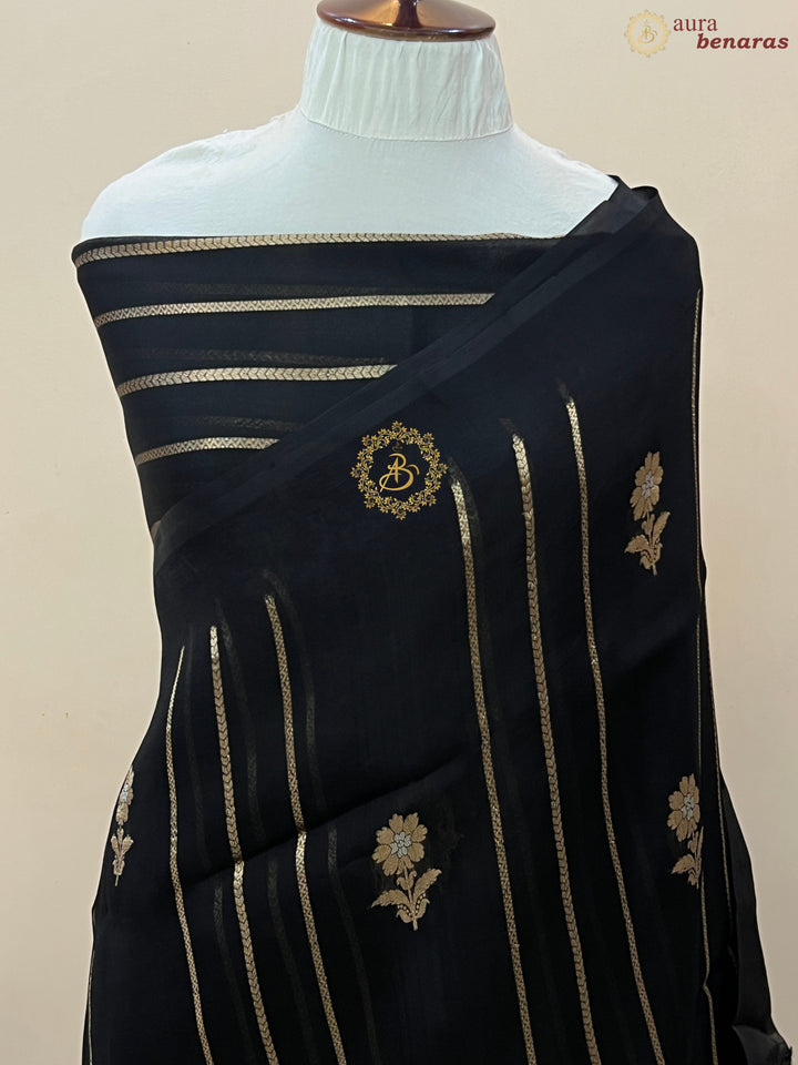 Black Pure Banarasi Handloom Kora Silk Saree