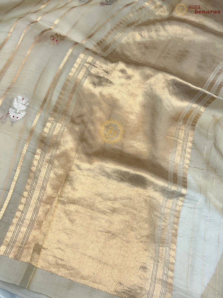 Cream Pure Banarasi Handloom Kora Silk Saree