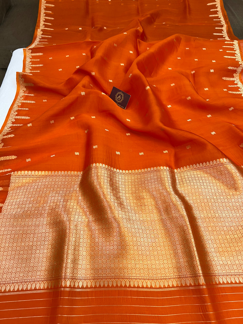Orange Pure Kora Silk Banarasi Saree with Kadhwa Butis 