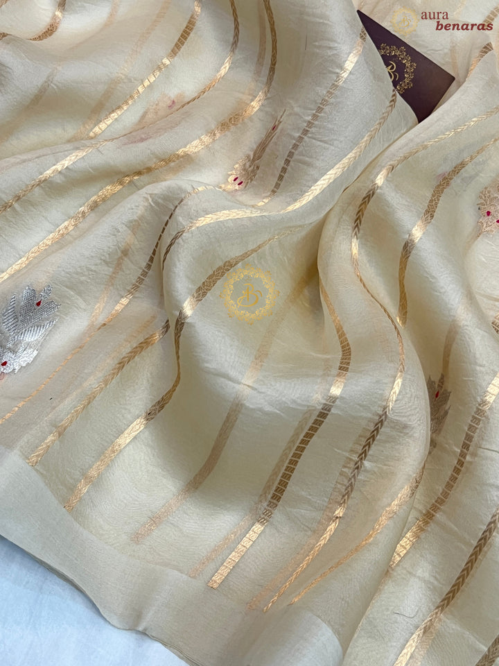 Cream Pure Banarasi Handloom Kora Silk Saree