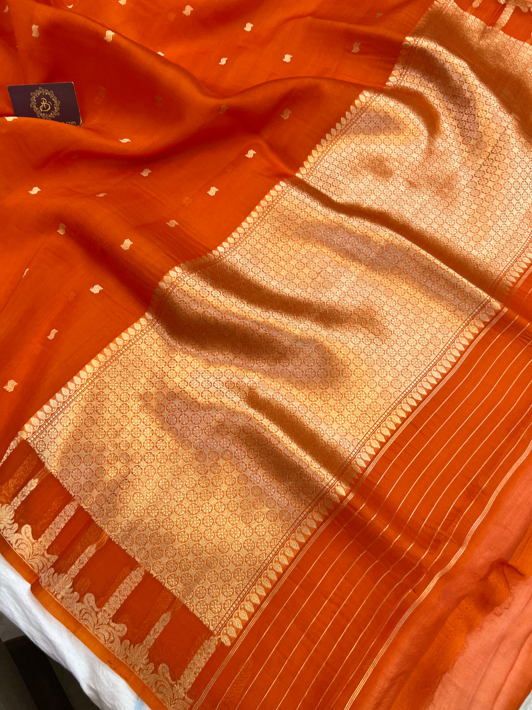 Orange Pure Kora Silk Banarasi Saree with Kadhwa Butis 