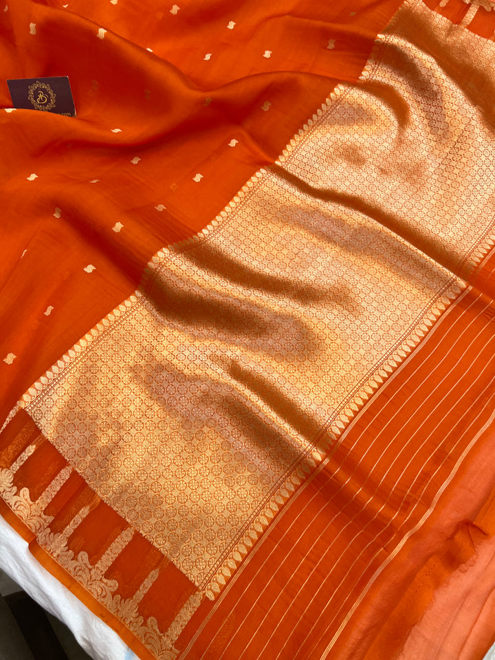 Orange Pure Kora Silk Banarasi Saree with Kadhwa Butis 