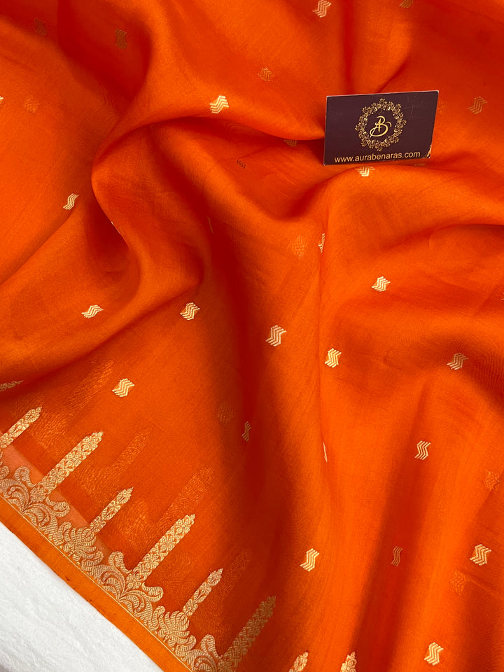 Orange Pure Kora Silk Banarasi Saree with Kadhwa Butis 
