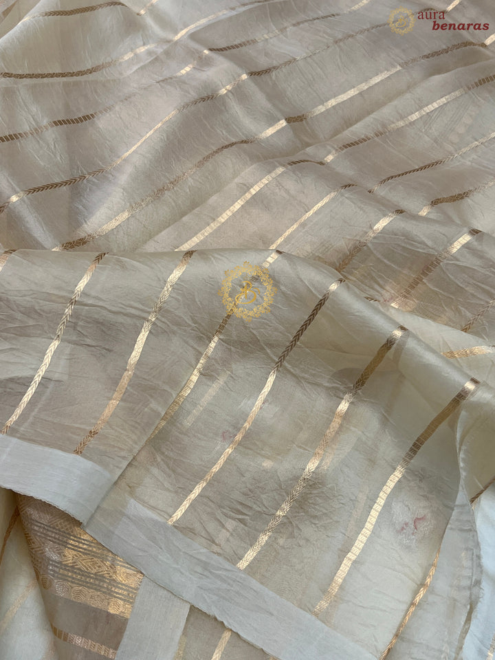 Cream Pure Banarasi Handloom Kora Silk Saree