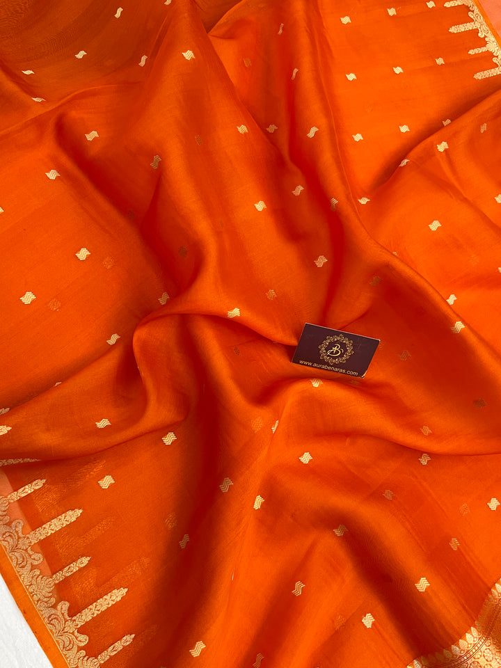 Orange Pure Kora Silk Banarasi Saree with Kadhwa Butis 