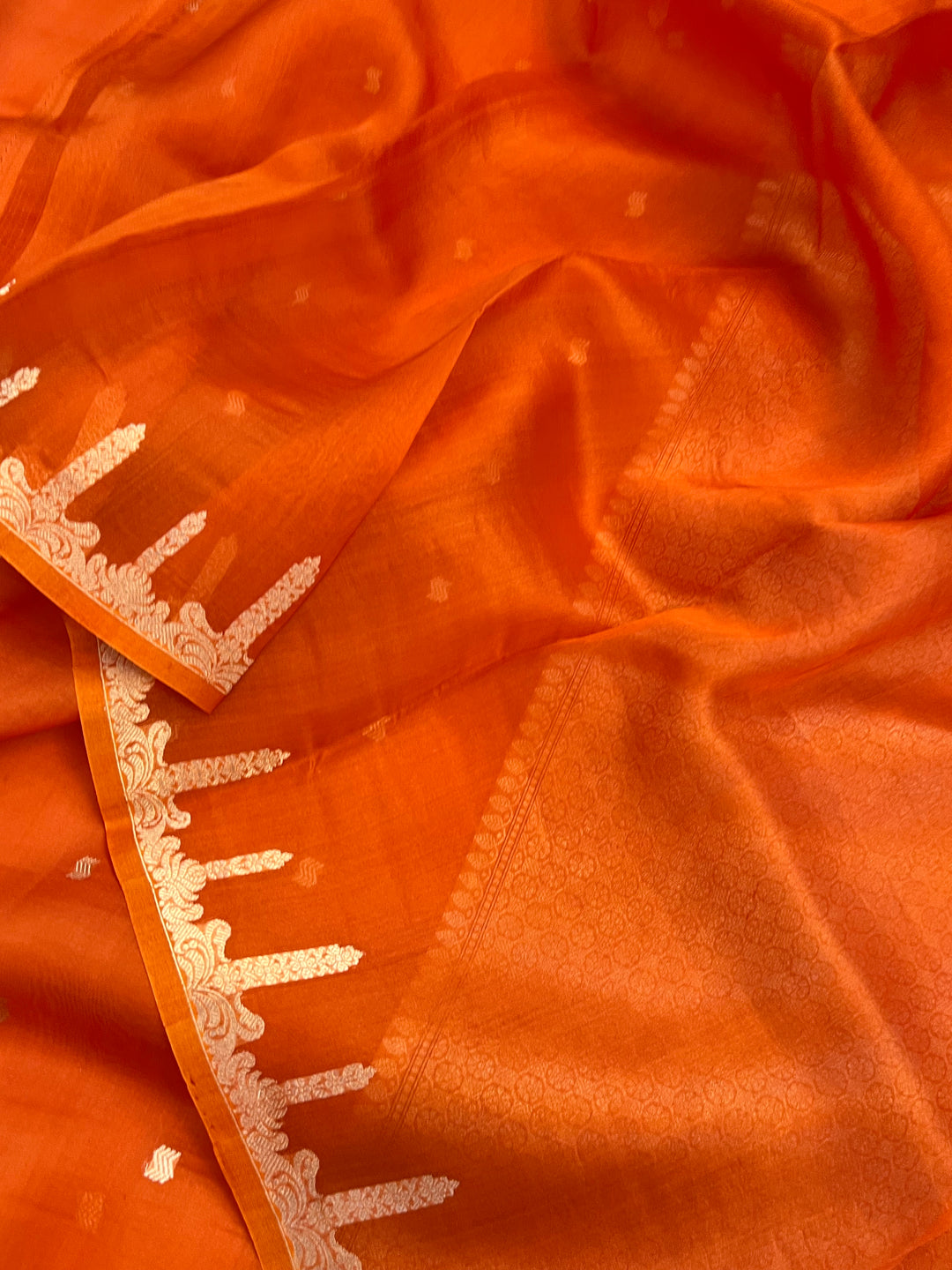 Orange Pure Kora Silk Banarasi Saree with Kadhwa Butis 