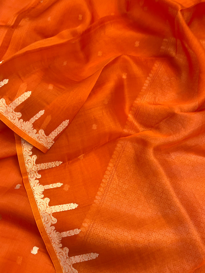 Orange Pure Kora Silk Banarasi Saree with Kadhwa Butis 