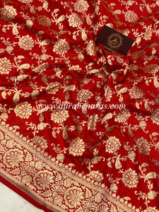 Red Pure Banarasi Handloom Katan Silk Saree - Aura Benaras