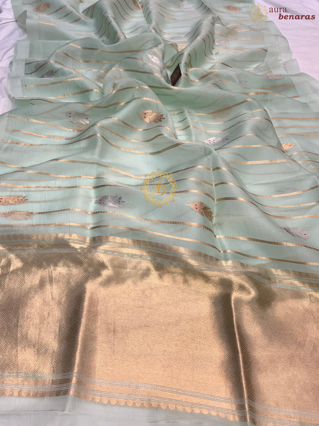 Pastel Mint Green Pure Banarasi Handloom Kora Silk Saree