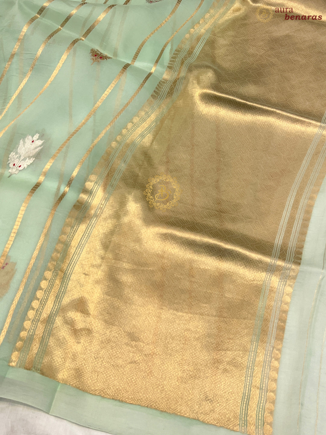 Pastel Mint Green Pure Banarasi Handloom Kora Silk Saree