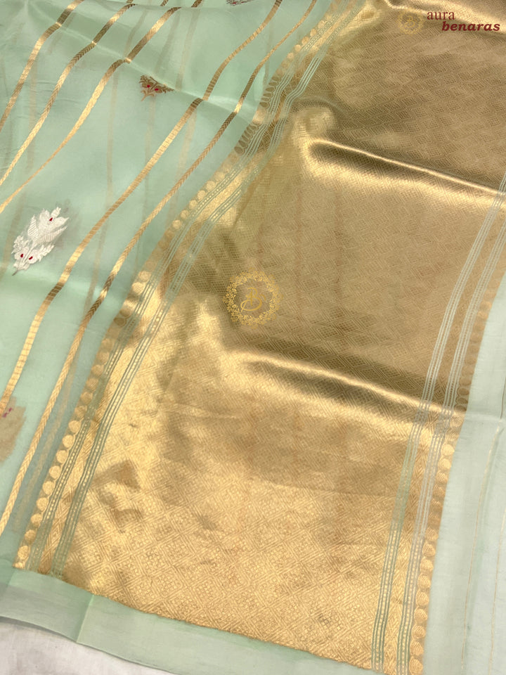 Pastel Mint Green Pure Banarasi Handloom Kora Silk Saree