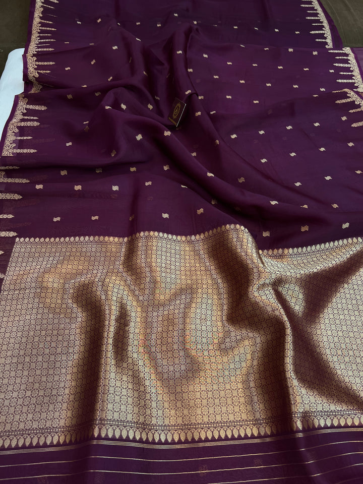 Wine Pure Kora Silk Banarasi Saree with Kadhwa Butis 