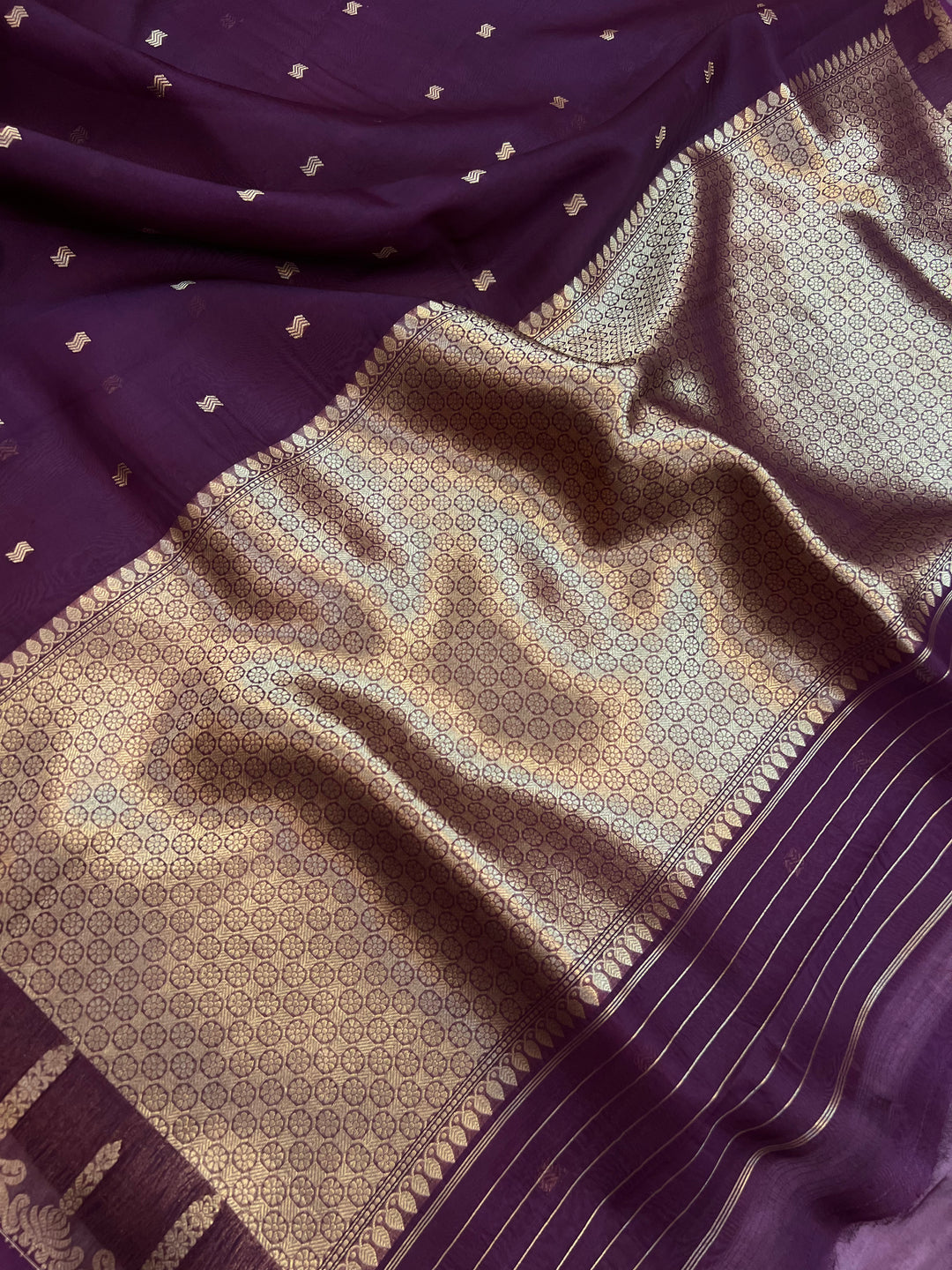 Wine Pure Kora Silk Banarasi Saree with Kadhwa Butis 