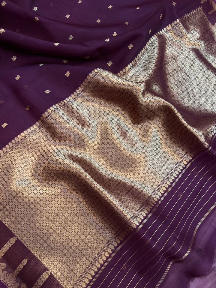 Wine Pure Kora Silk Banarasi Saree with Kadhwa Butis 