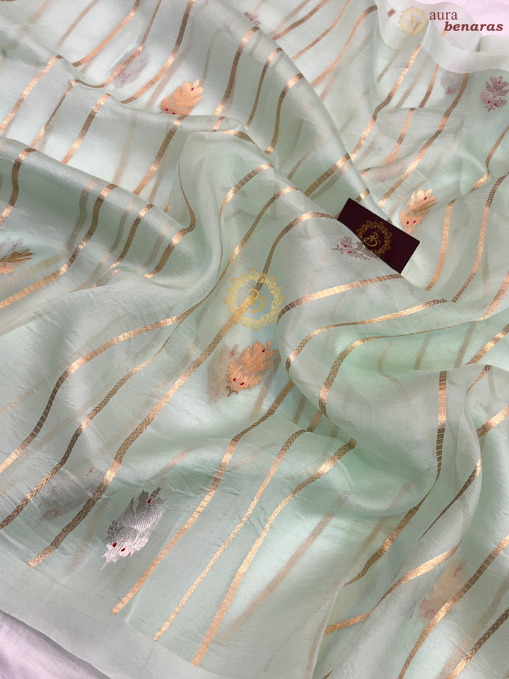 Pastel Mint Green Pure Banarasi Handloom Kora Silk Saree