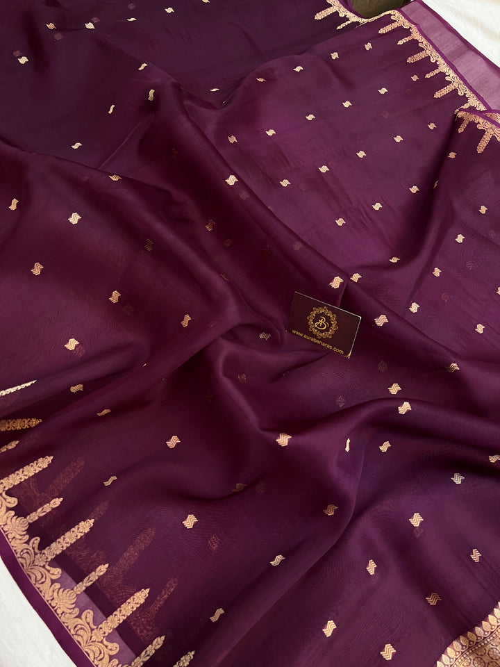 Wine Pure Kora Silk Banarasi Saree with Kadhwa Butis 