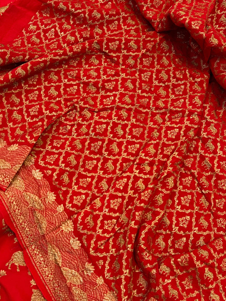 Red Pure Banarasi Khaddi Crepe Silk Saree - Aura Benaras