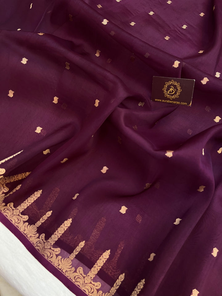 Wine Pure Kora Silk Banarasi Saree with Kadhwa Butis 