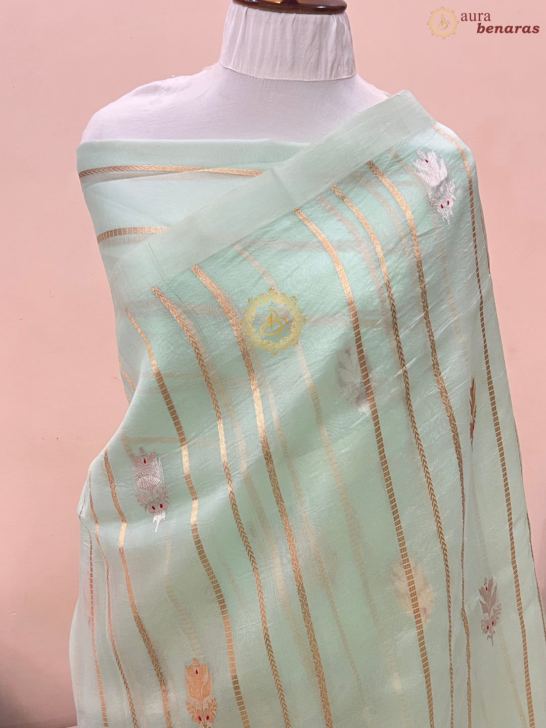 Pastel Mint Green Pure Banarasi Handloom Kora Silk Saree