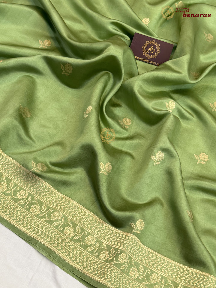 Pistachio Green Banarasi Silk Saree | Kadhwa & Designer Border