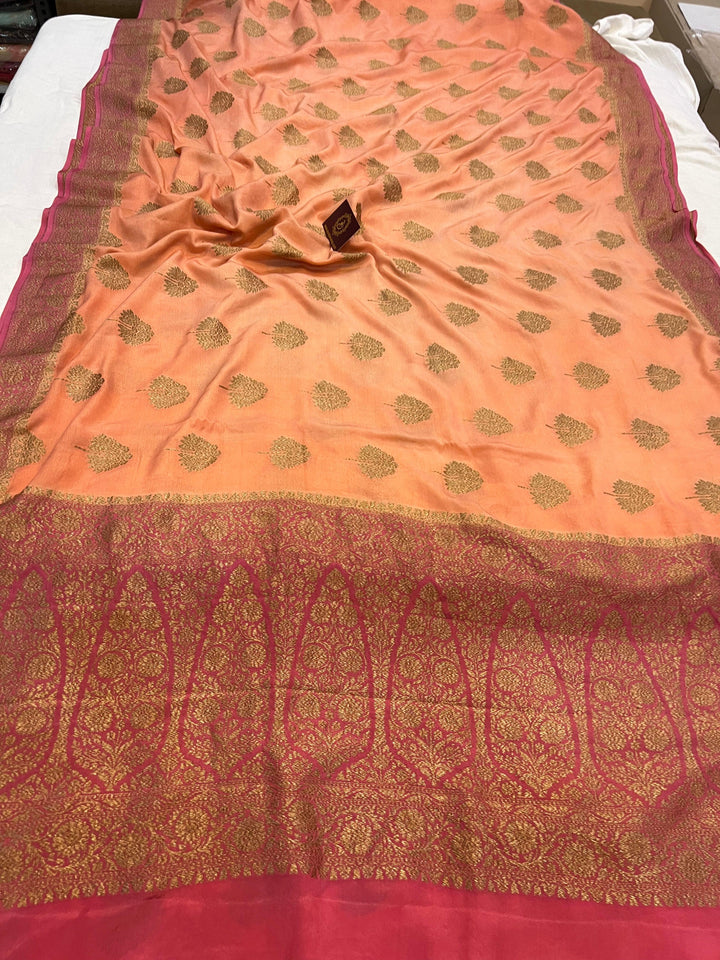 Peach Pure Banarasi Khaddi Crepe Silk Saree - Aura Benaras